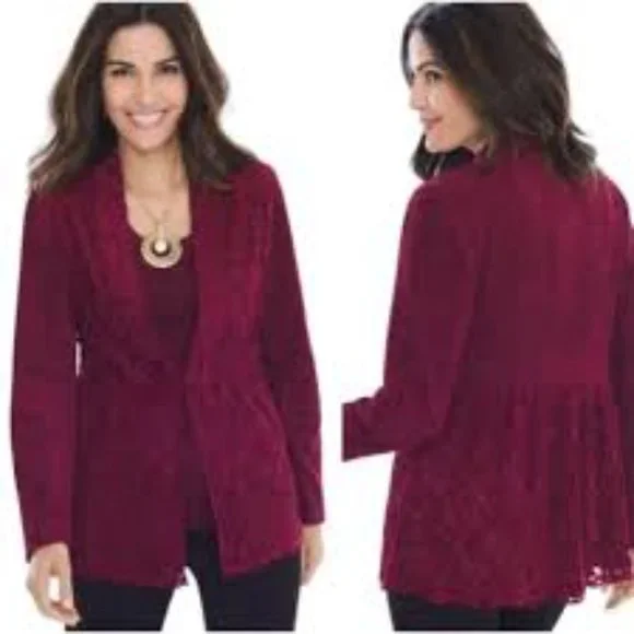 Chico's Red Maple Faux Suede and Lace Jacket - Picture 2 of 16